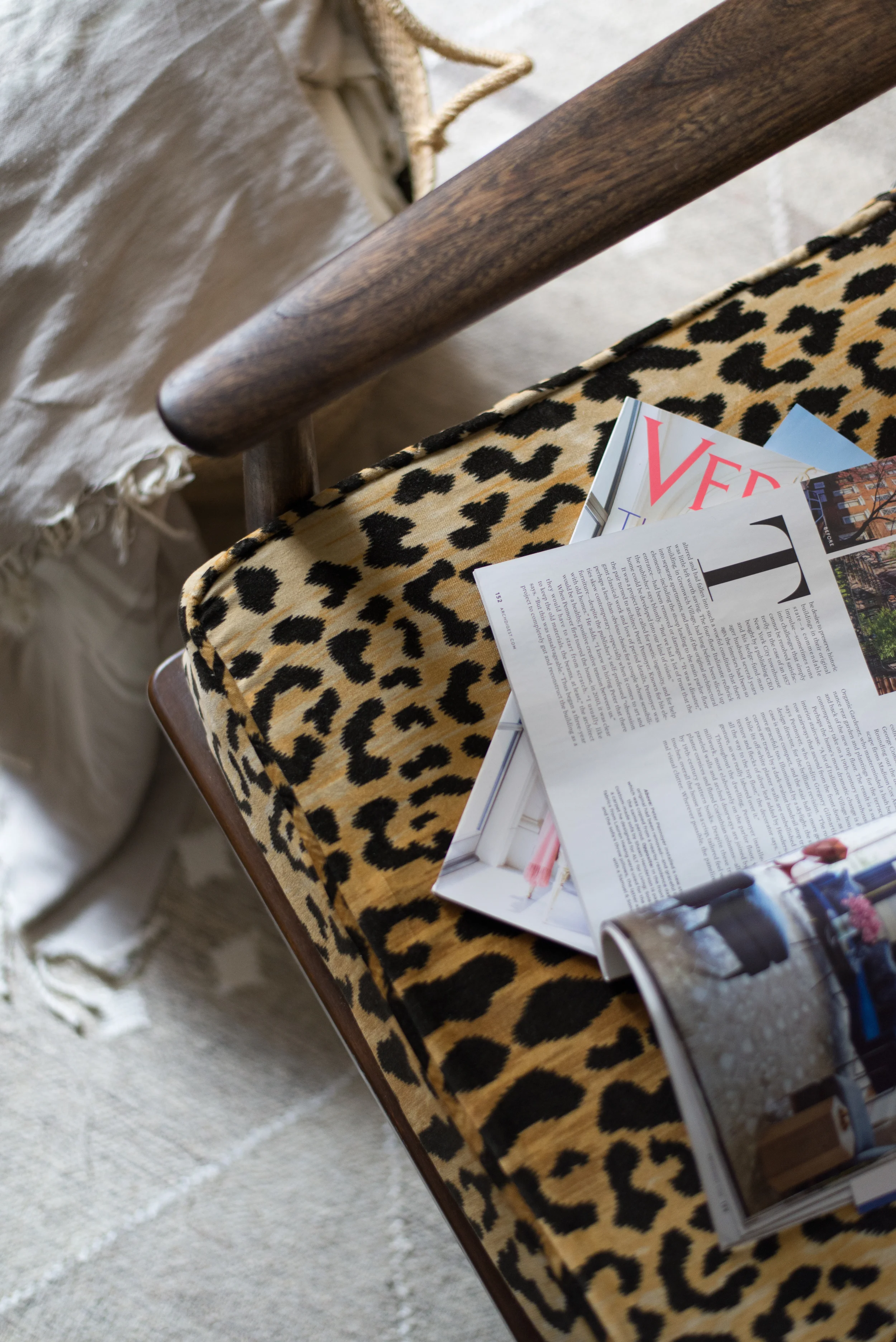 I originally upholstered this chair in a mod floral print, then I went for the Leopard and never turned back. 