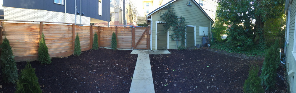 A panoramic of our backyard with the shed