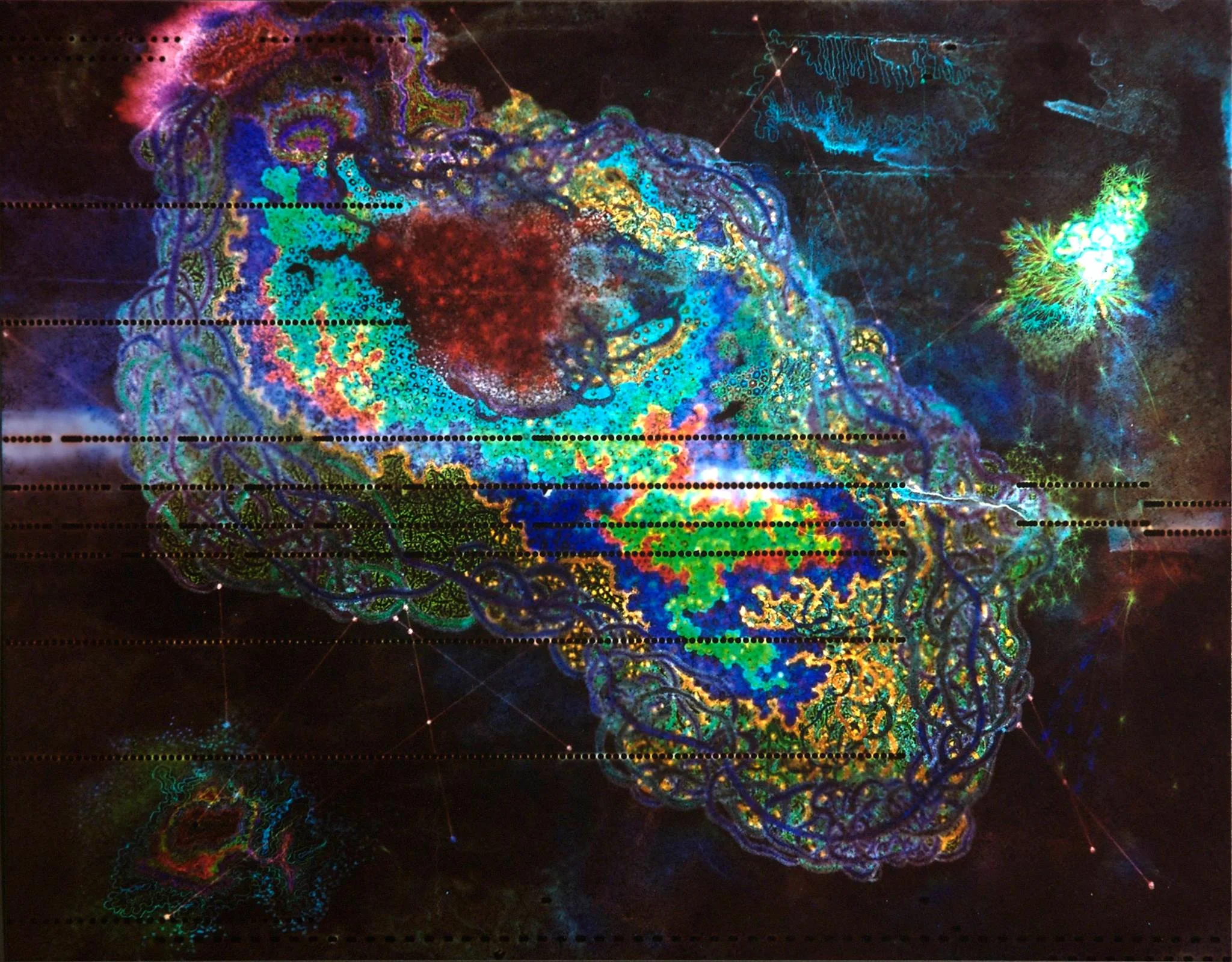 "Nebula of Life" by Sarah Williams Hearn Size: 11" x14" C-Print, 2008. Contact print of a drawing done on a player piano reel.
