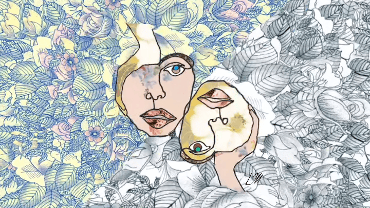 two female faces holding each other floral animation