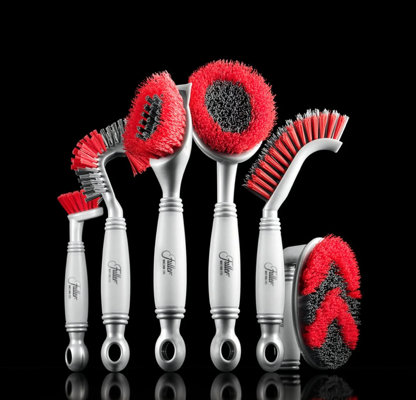 Five silver-handled cleaning brushes with red and black bristles are arranged upright against a black background. Each brush has a different shape and bristle pattern, showcasing various cleaning tool designs.