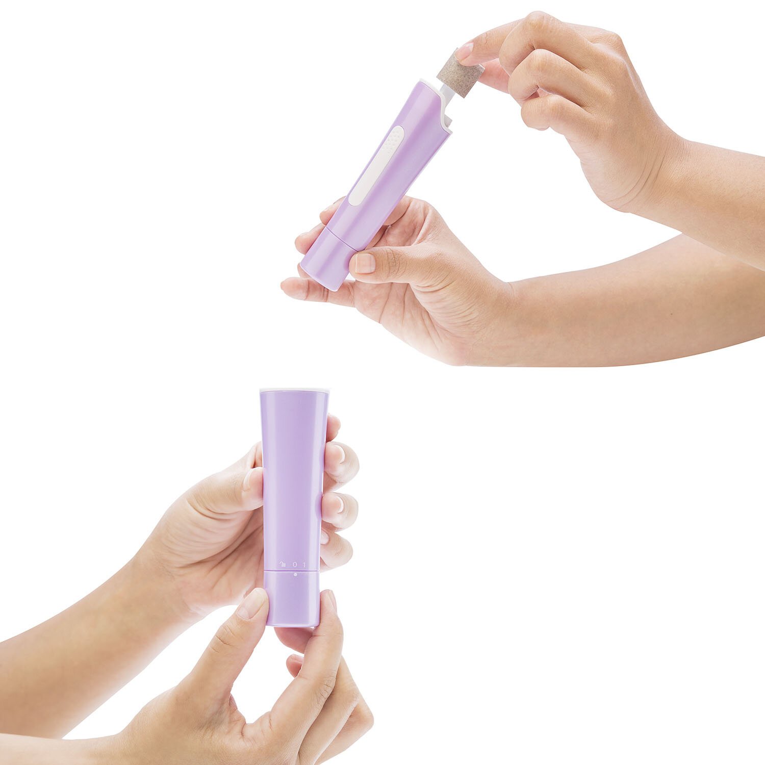 Two hands are shown assembling and disassembling a purple cylindrical device. One hand is inserting a metal component into the device, while another pair of hands holds the device's base and top securely.