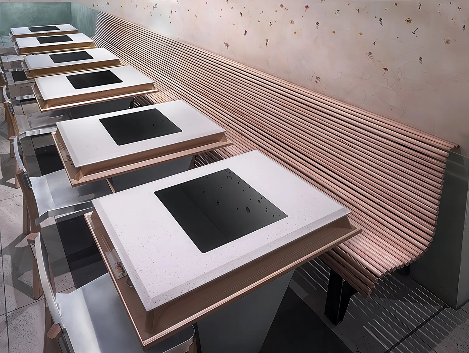 Empty dining tables with white and black tabletops, arranged in a row against a wooden slatted bench and a mural wall with small, colorful drawings.