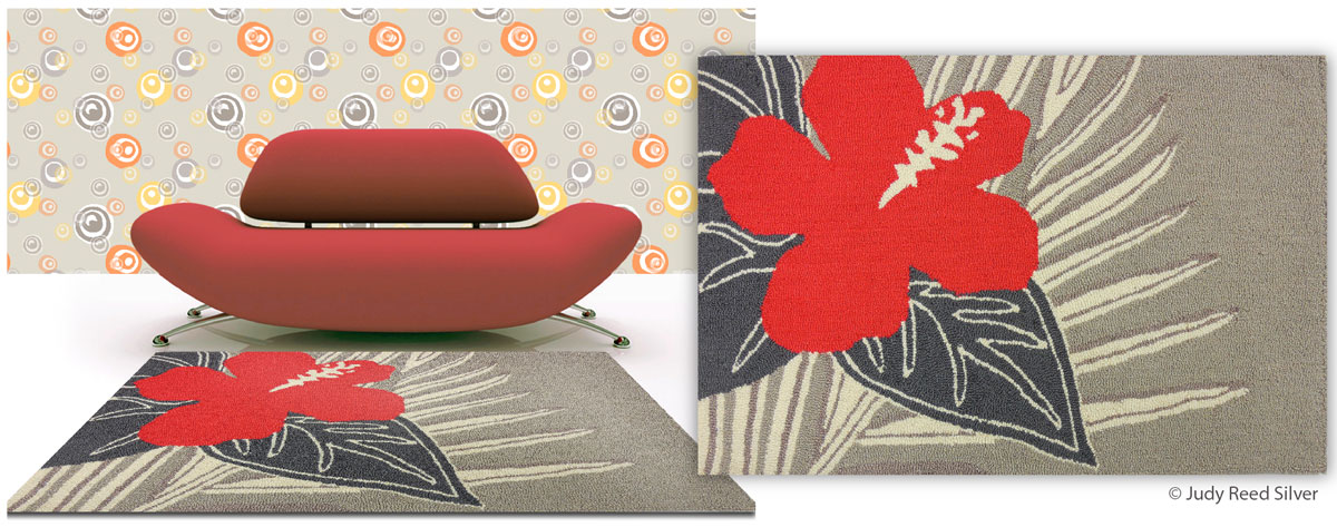 "Hibiscus" Rug, "Bubbles" Wall Covering.
