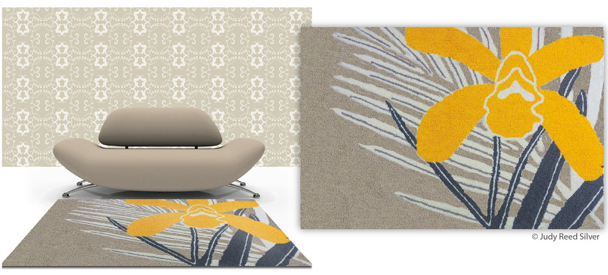 "Yellow Orchid" Rugs, "Neutral Fleur" Wall Covering..