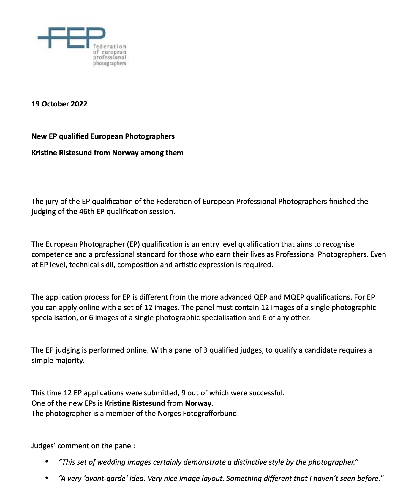 Pressemelding fotograf, european photographer