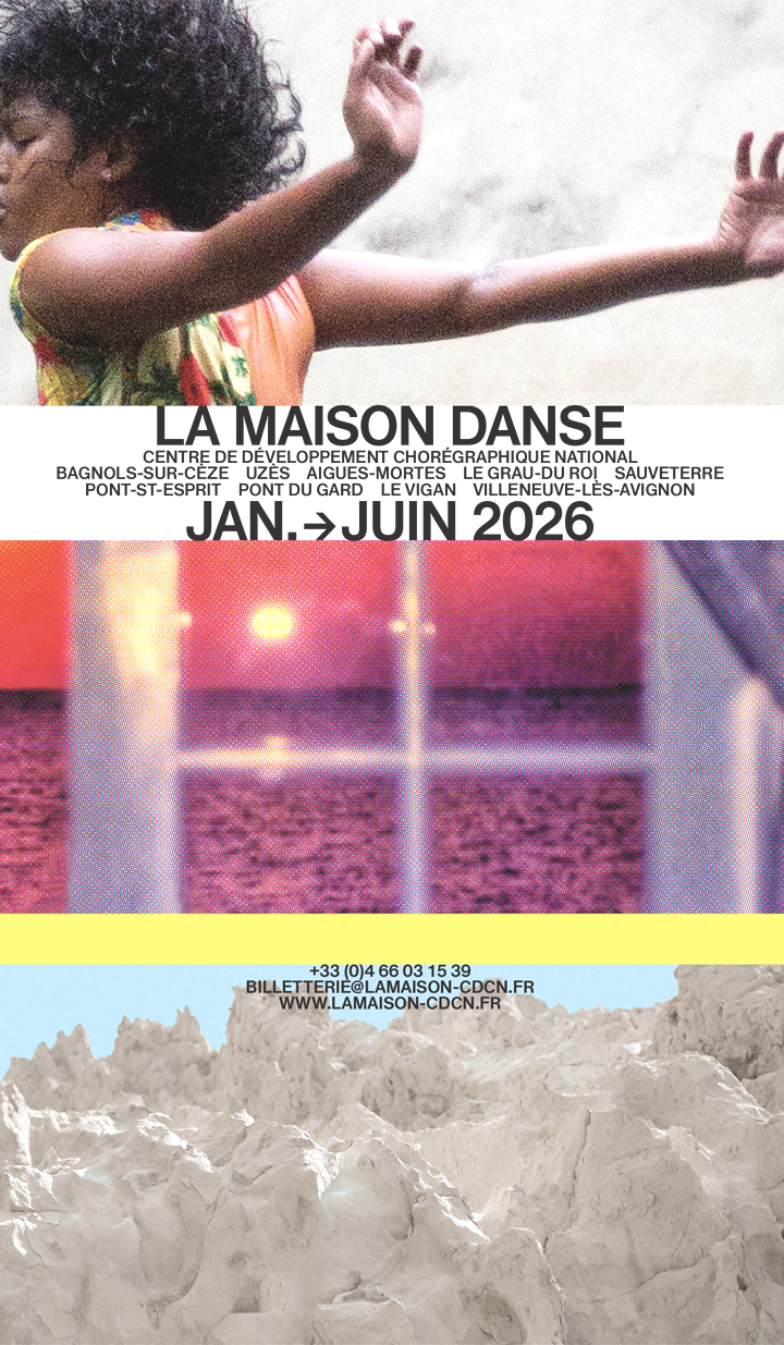 Promotional poster for uzes dance festival with bright photos and strong graphic text.
