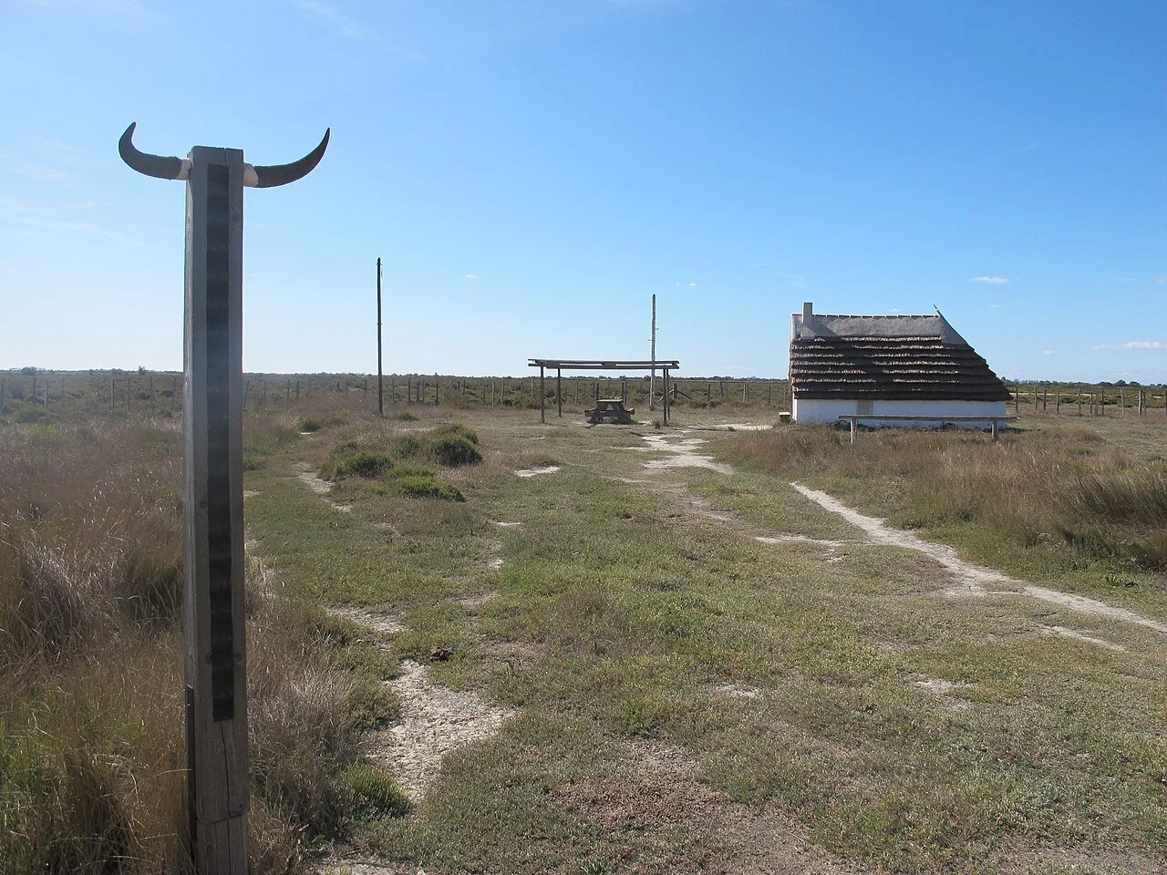 Thatched cabin in flat wild terrain with a post and pair of bull horns in the foreground