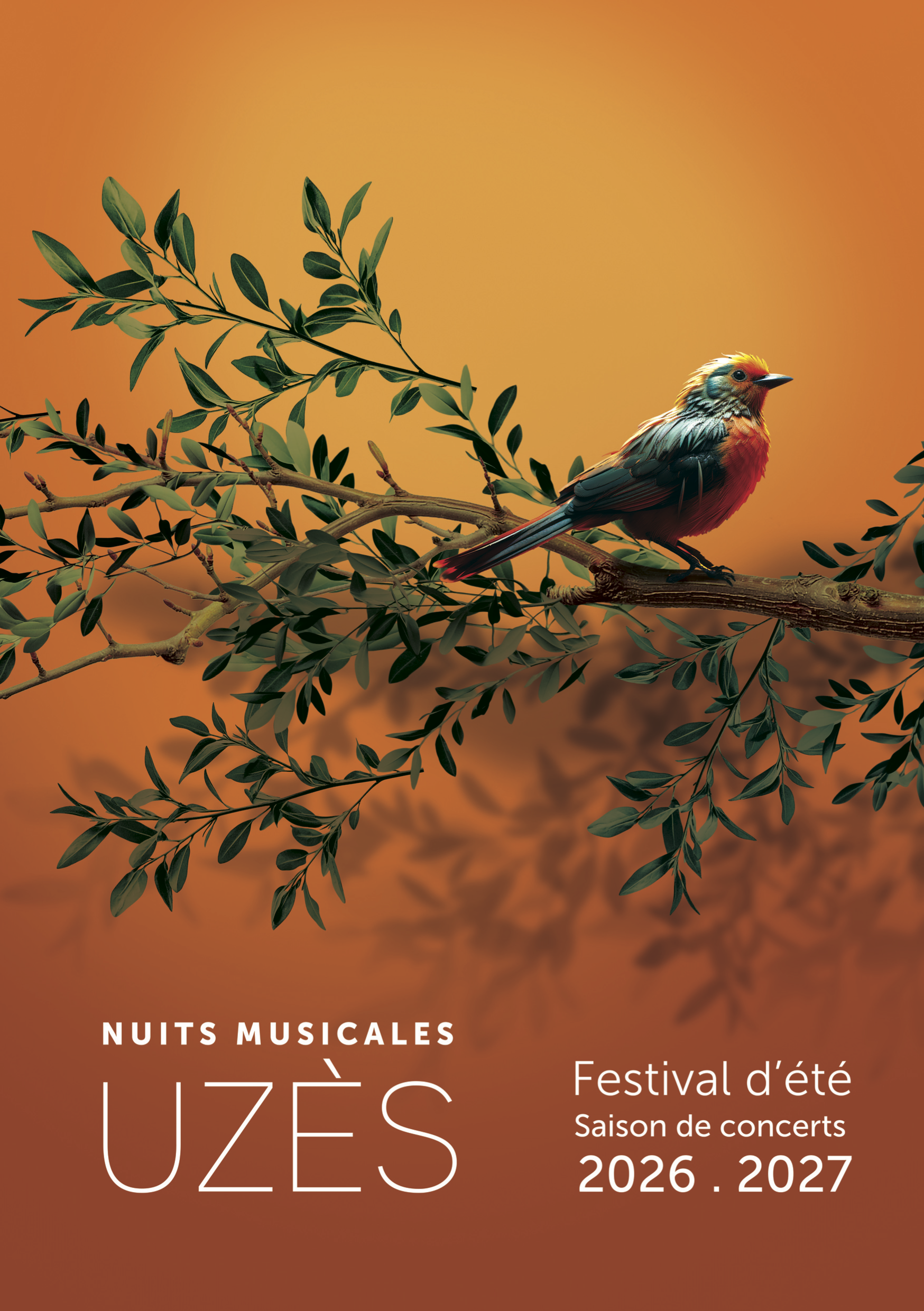 A warm orange poster with a bird on a branch with text caption for Nuits Musicales Uzes 2026-2027