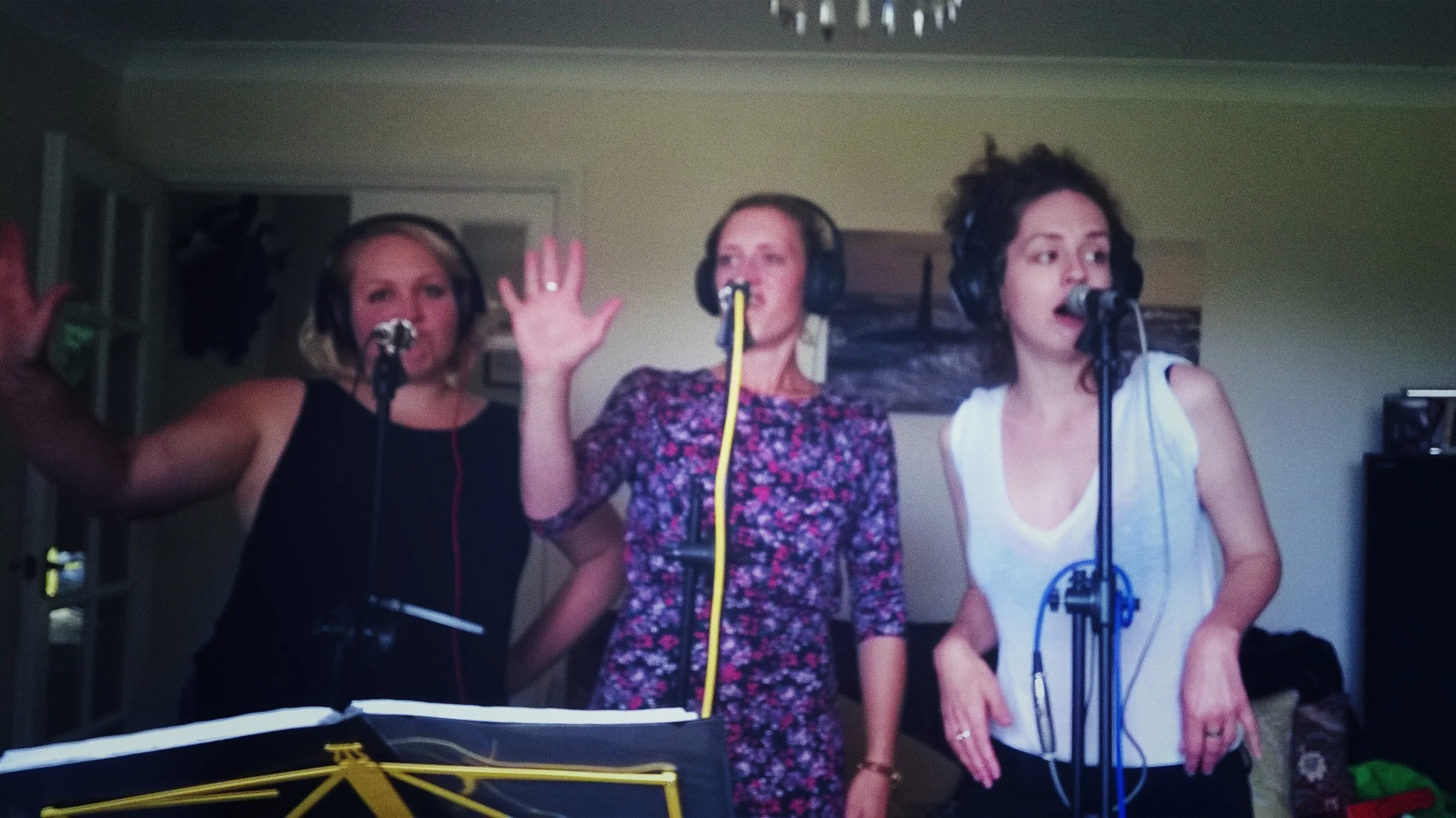 Above: Anna, Louisa and Hannah recording the vocal overdub to 'Bills, Bills, Bills', just after the line 'and then you ask to use my car'
