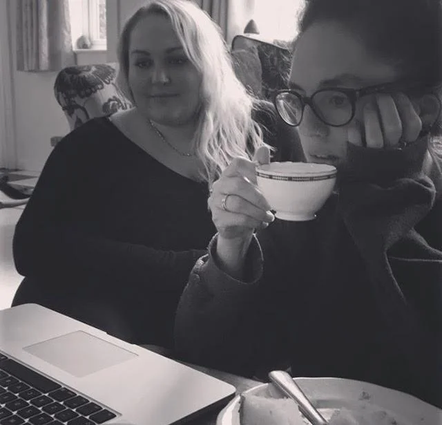Anna and Hannah making themselves at home in Louisa's living room. Yes, that it a jacket potato on that vintage plate and a cup of tea in a vintage cup. 