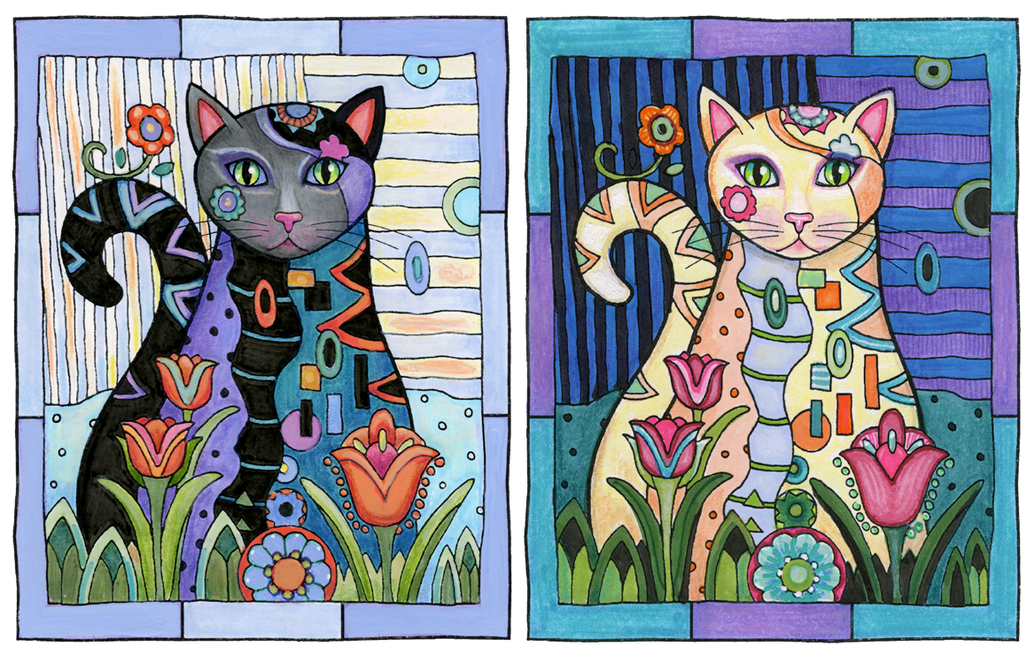 EXAMPLES OF HIGH CONTRAST: Left, dark subject against light background. Right, light subject against dark background. © Marjorie Sarnat. Original line art illustration is from Creative Cats .