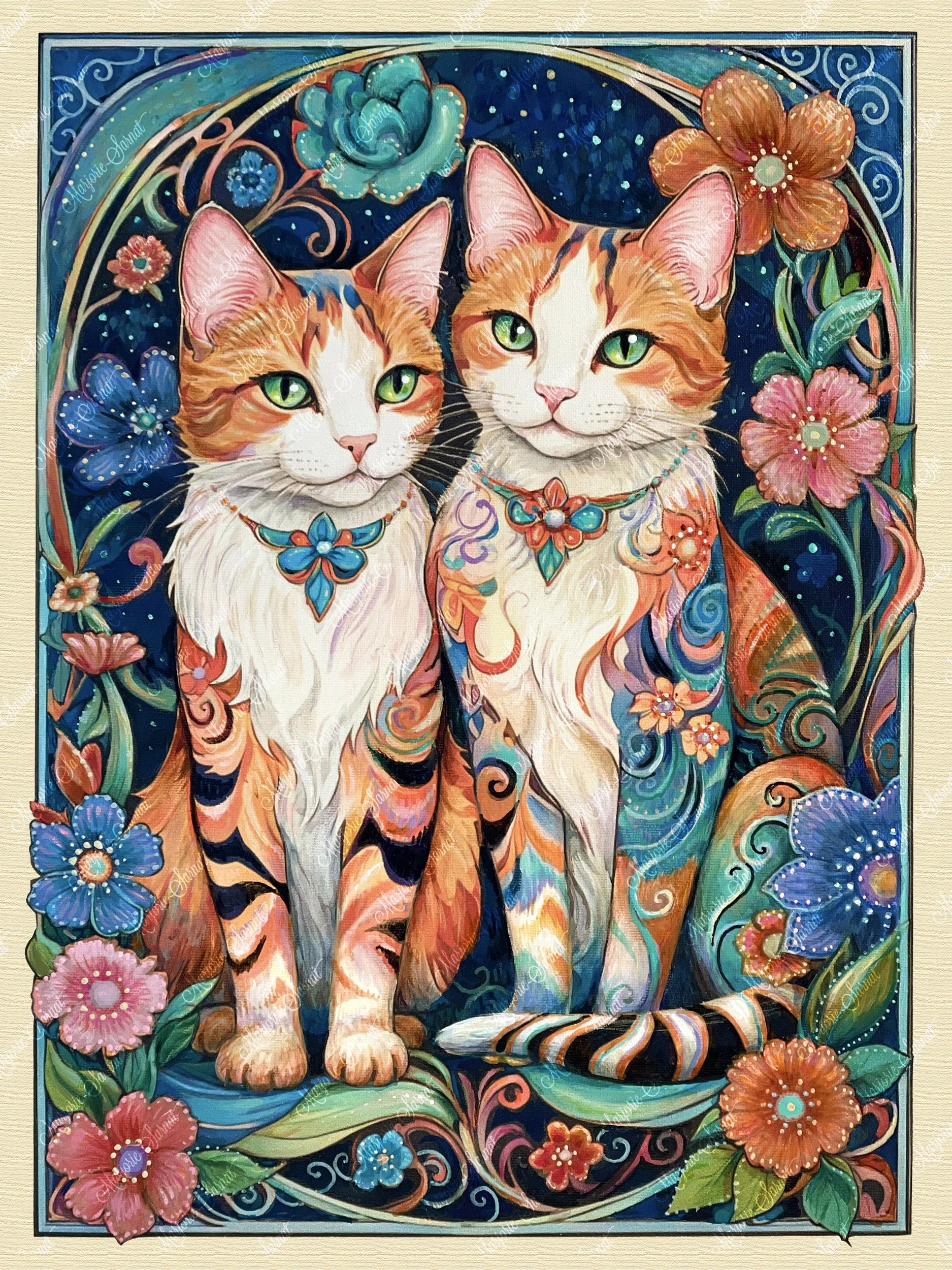 Two cats who may be friends or may be lovers—standing next to each other surrounded by flowers