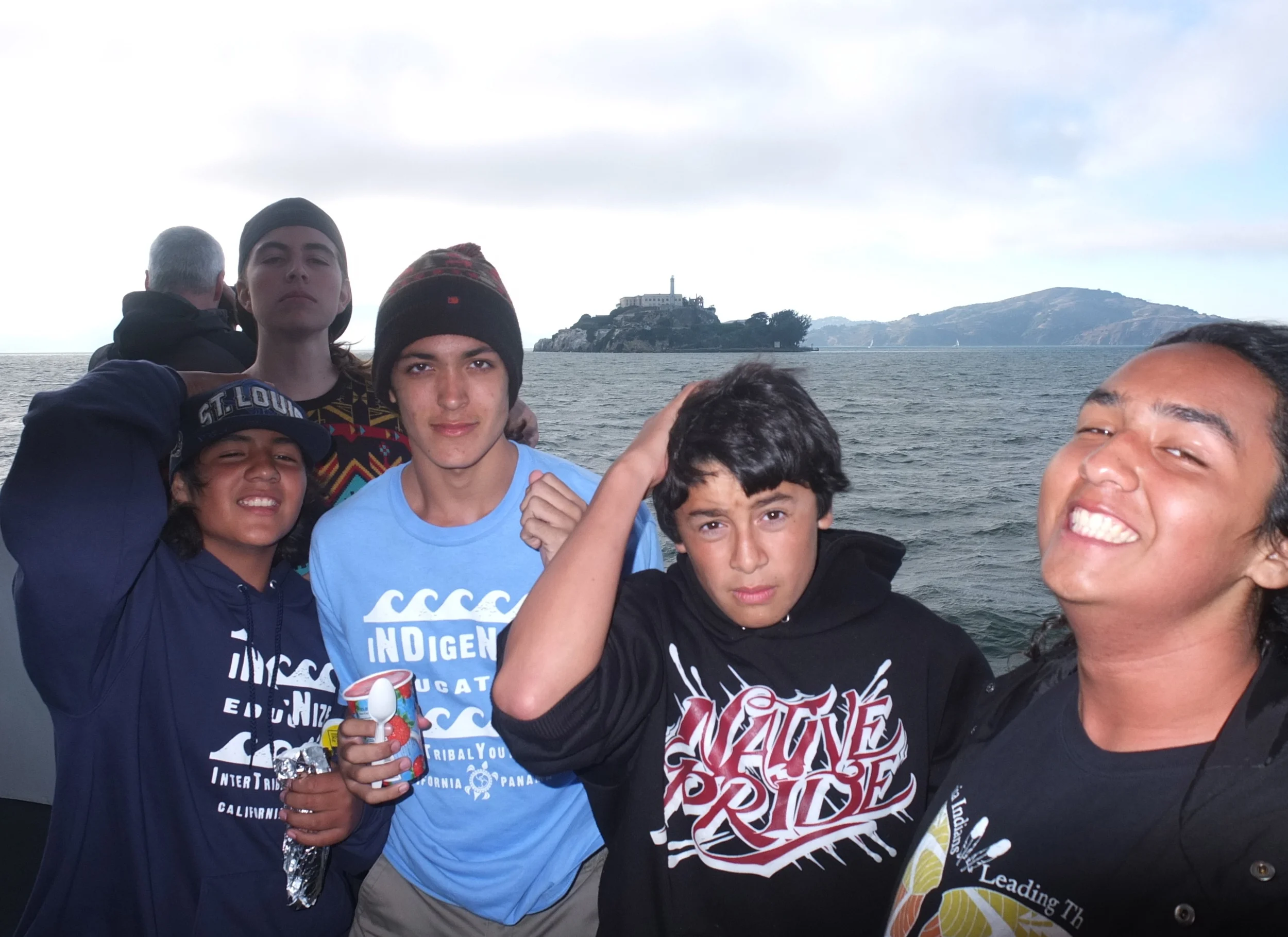 So cal meets nor cal. Intertribal youth. We are born free, stay free. #noprisons Alcatraz national park and sacred rock. San Francisco bay, ohlone territory. word Up.