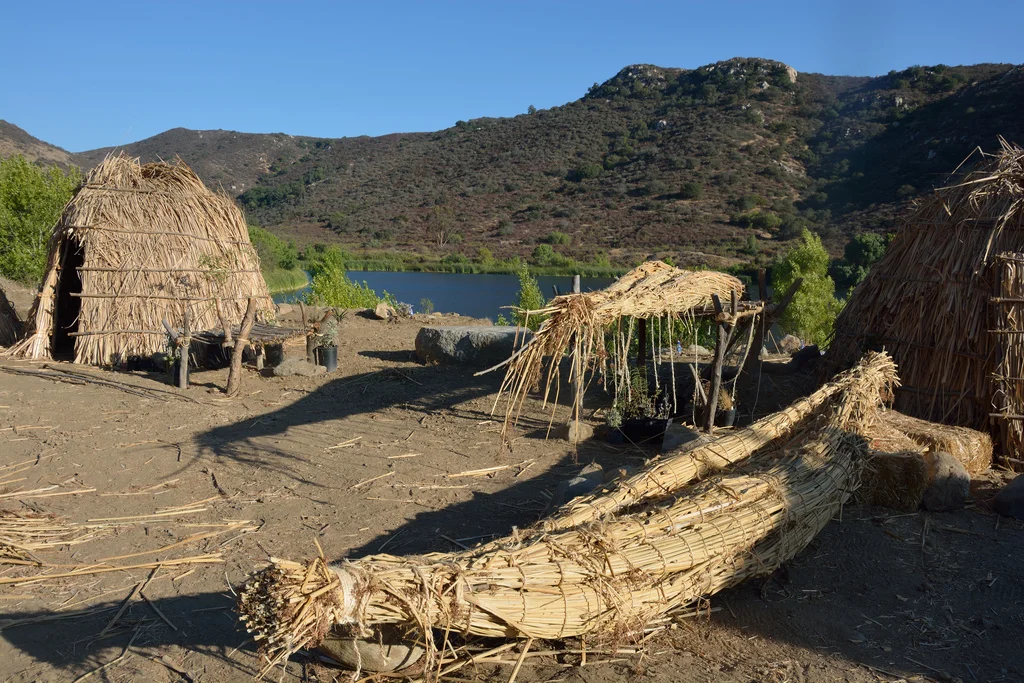 Example of traditional indigenous ways of life along the water's edge.Halasii e'ha topit at Sycuan Reservation. PHOto by Jill Richardson; Traditional Kumeyaay houses ('ewaa) and two tule boats. The one in the foreground is completed, and the one on the platform in the background still needs more work. August 12, 2013.