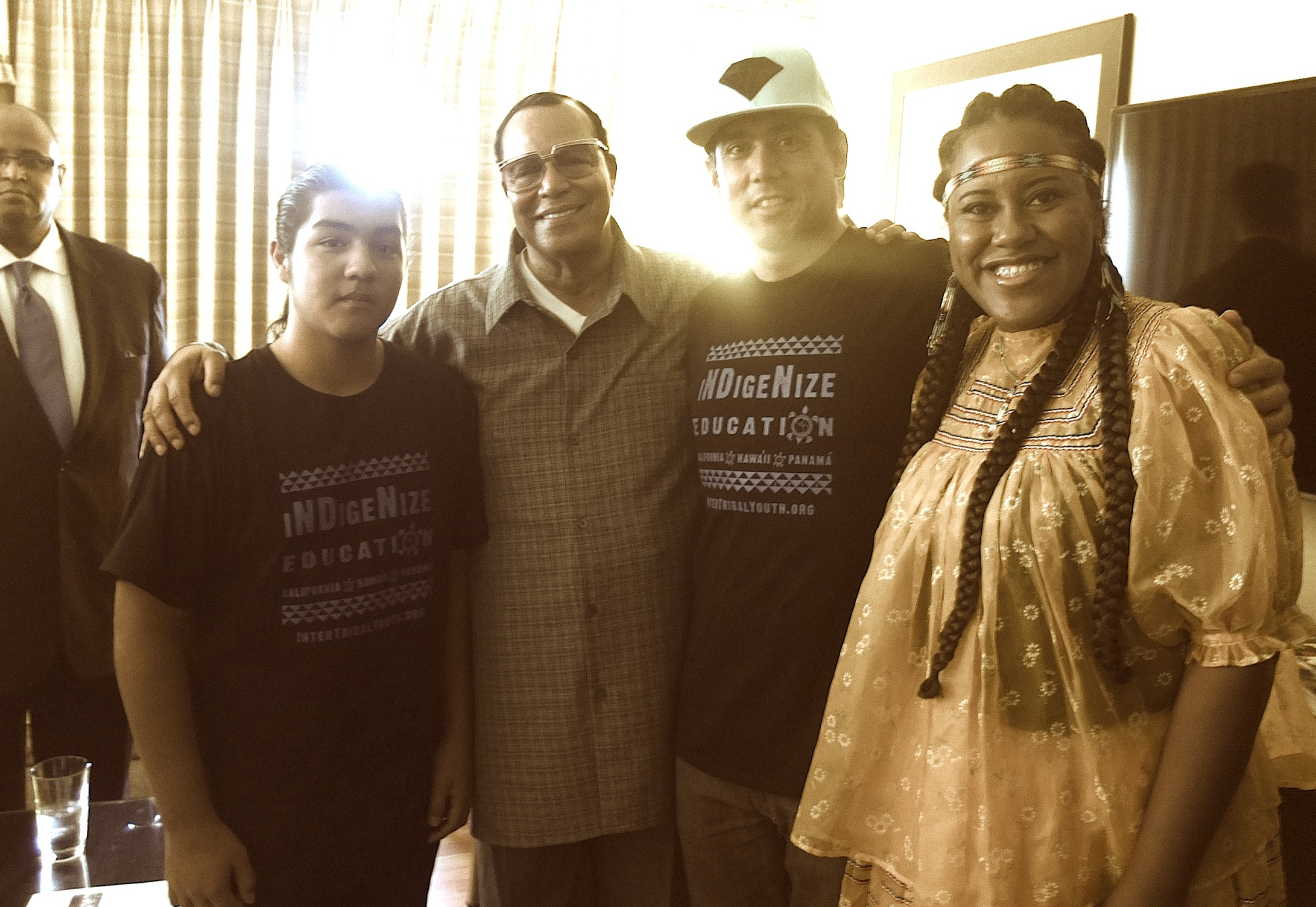 UNITY Keynote Hon. Minister Louis Farrakhan morning meeting with ITY Youth Tim Siva (Agua Caliente), ITY Director, Marc Chavez, and Native Latino organizer Yonasda Hill (Lakota) , at National Unity 2015.