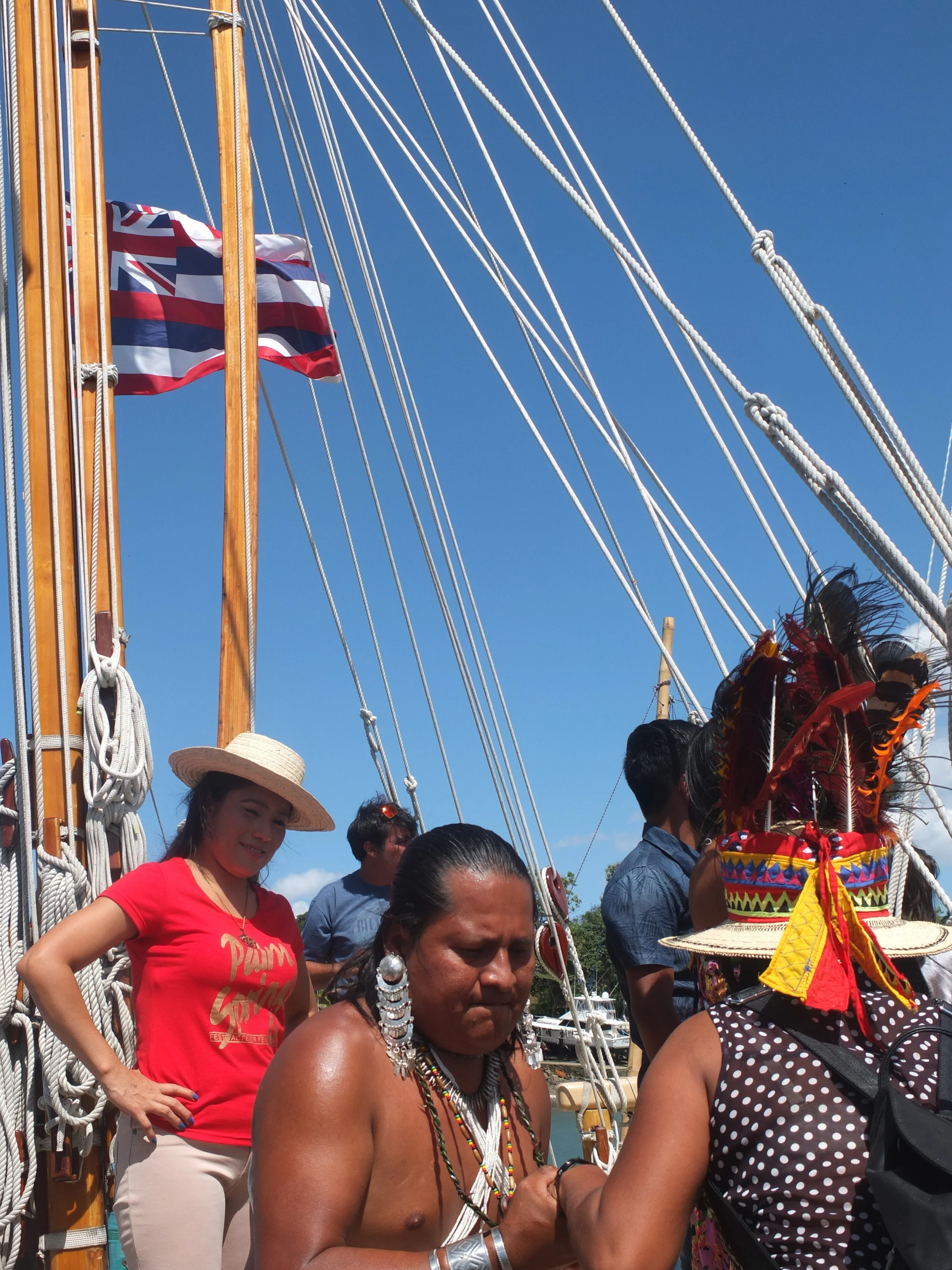 Indigenous Nations from around the world will gather in Ohau Hawaii in honor of Hokulea's Malama Honua world Wide voyage. Photo: January 2017, Panama Indigenous nations tour hokulea during its provisions stop and transoceanic path through the Panama canal