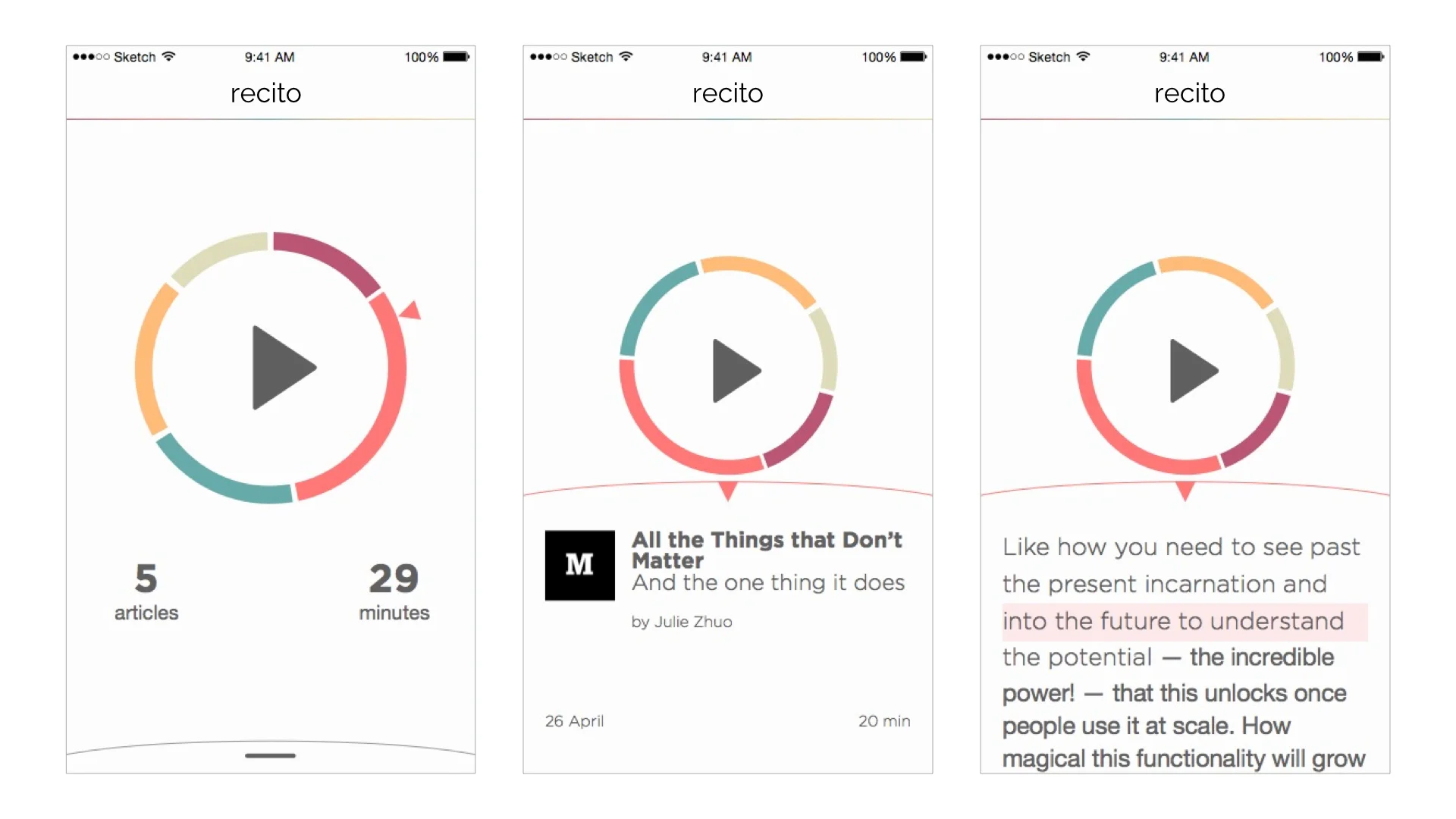 Visual Design - Approach 2 The use of colors to differentiate articles in the dial lifted the appeal of the UI. The minimal UI seemed more aligned with our goal to make app look modern, informative yet playful. 