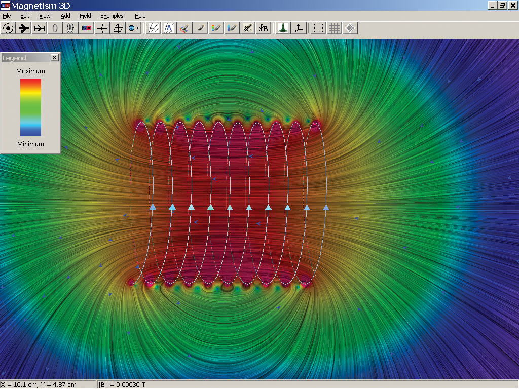  Two-dimensional display of magnetic field produced by a solenoid. Continuous magnetic field lines (linear integral convolution) are shown with color coding indicating field strength. 