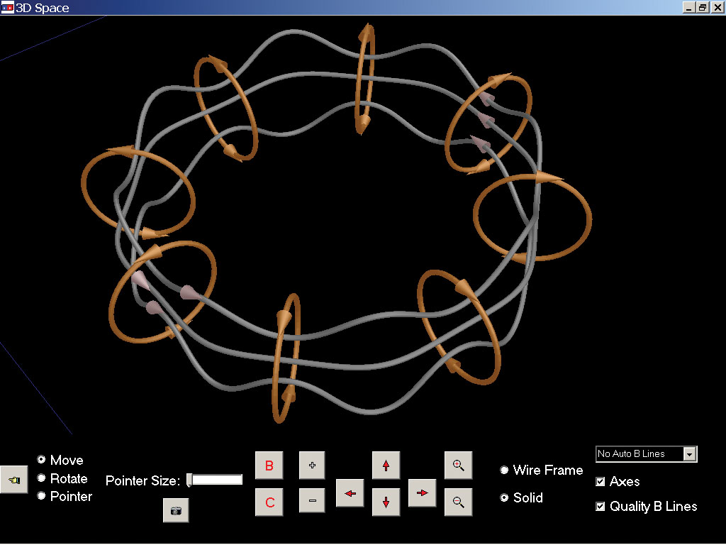  Current-carrying wire loops arranged in a circle with the resulting magnetic field lines shown in three-dimensions. Any number of magnetic field lines can be generated. All 3D graphics can be rotated about multiple axes to generate a real-world pers
