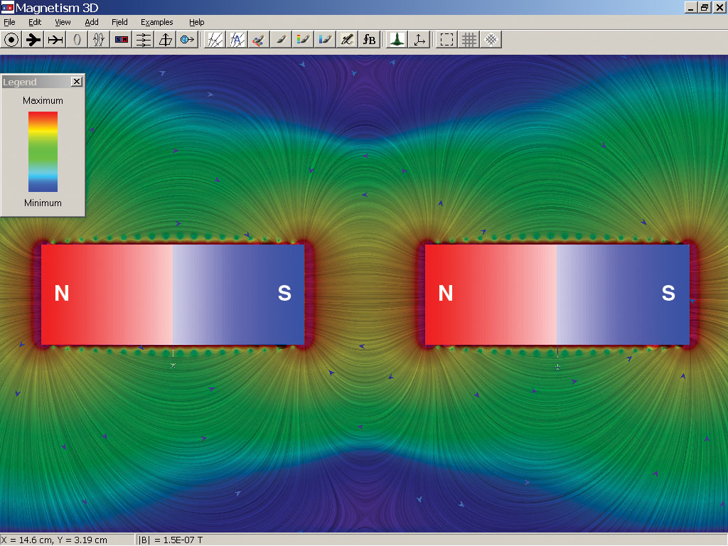  Two-dimensional display of magnetic field produced by two permanent magnets. Continuous magnetic field lines (linear integral convolution) are shown with color coding indicating field strength. The cursor can be positioned at any location to obtain 