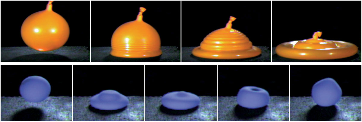 Top: Water balloon impacting surface. Bottom: Racquetball deforming upon impact.