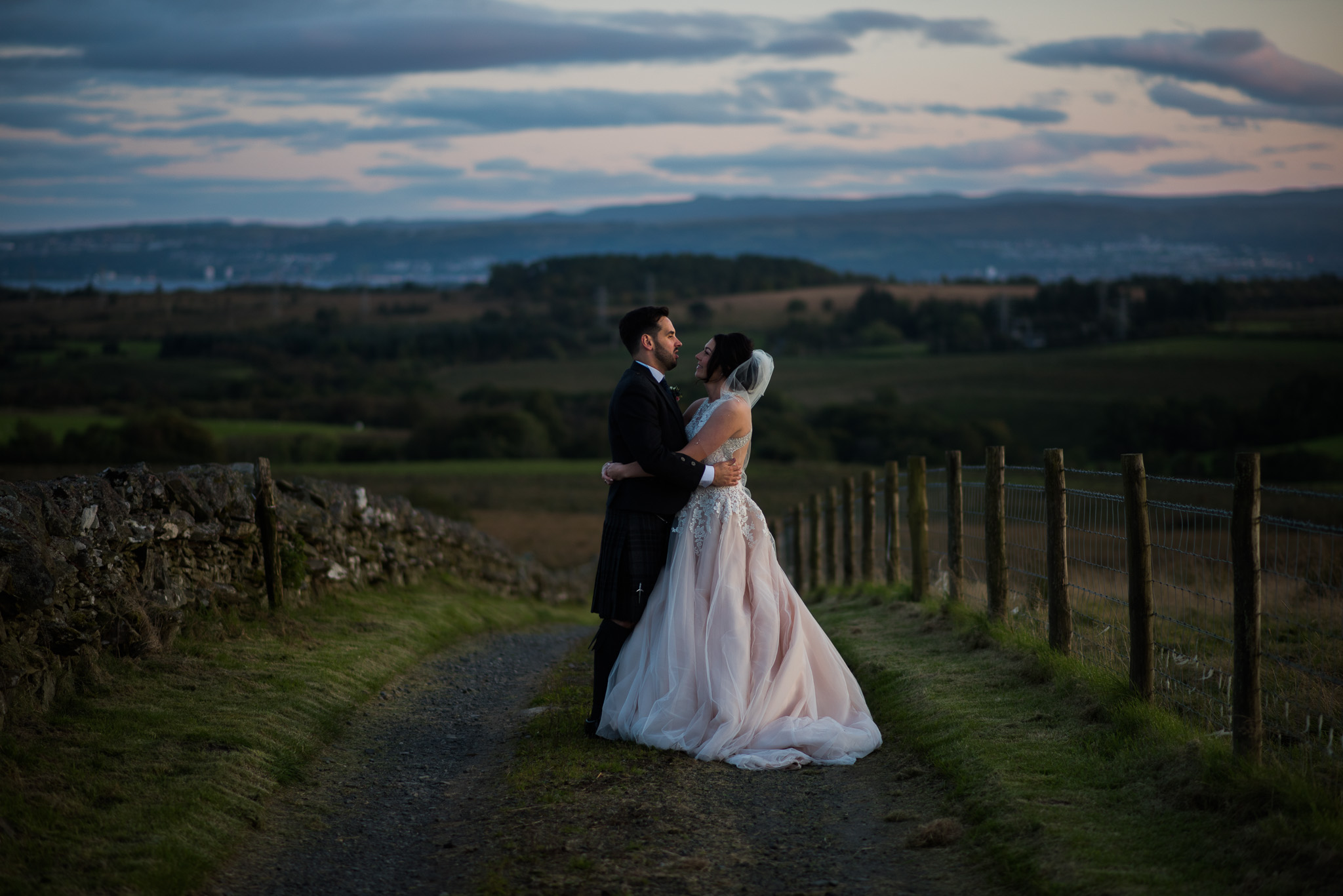 Bride and Groom on Farm Track near The Cruin Loch Lomond