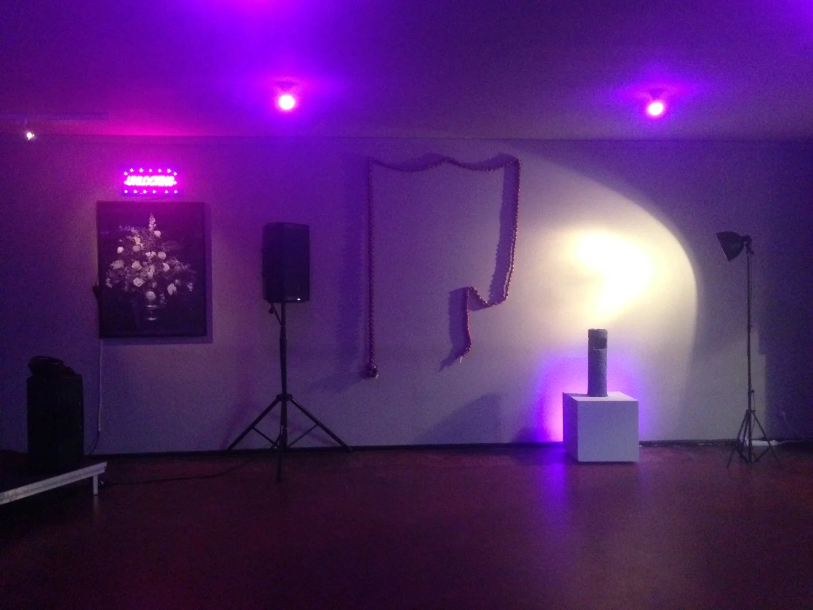   Installation view of Beverly's x Artsy @ ACUD MACHT NEU, Berlin. Sept 16, 2016. Left to right:   photo installation by  Alana Lake ,&nbsp;  woven sculpture by  &nbsp;Stina Puotinen,&nbsp;  floor sculpture by  Santiago Taccetti .  