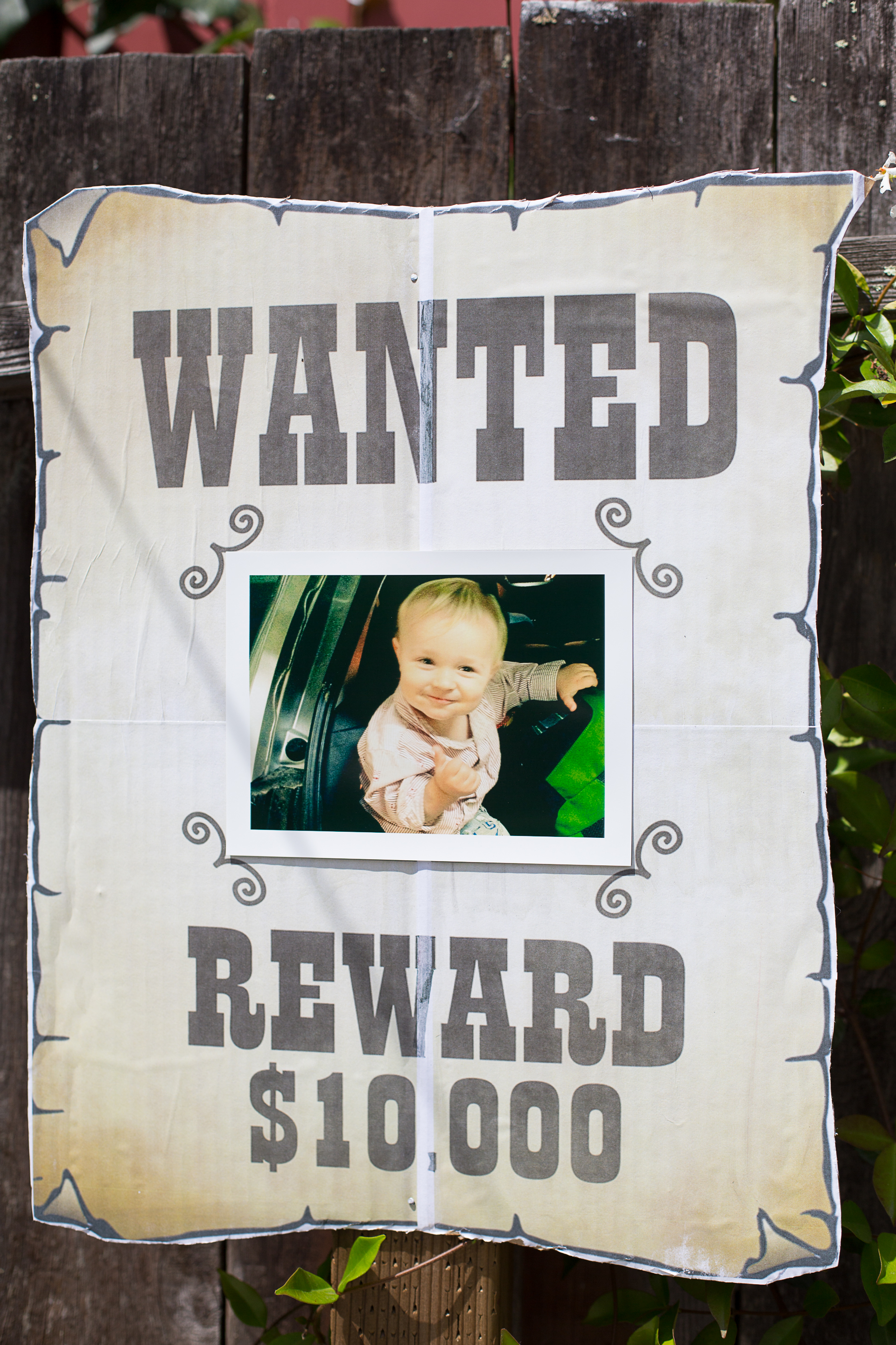  DIY Wanted Signs featuring the birthday boy.&nbsp; Template available at Martha Stewart (http://www.marthastewart.com/271584/cowboy-cutouts).&nbsp; I printed the template onto four 8x11 sheets. 