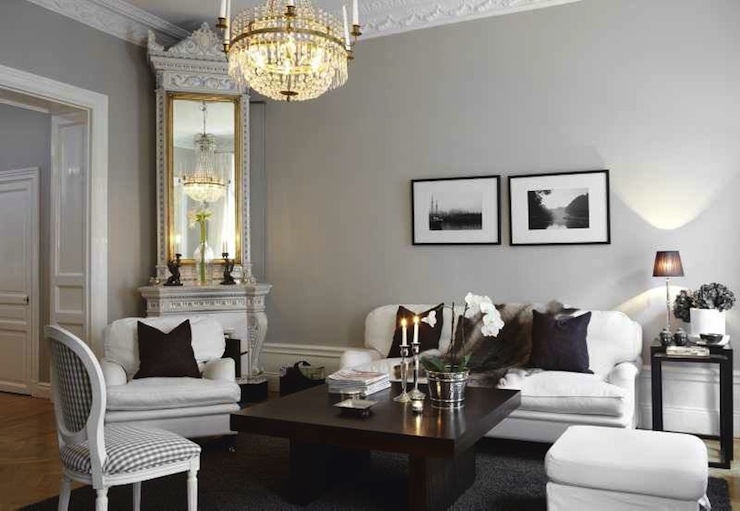Crisp Greige Swedish living room via Decorpad .