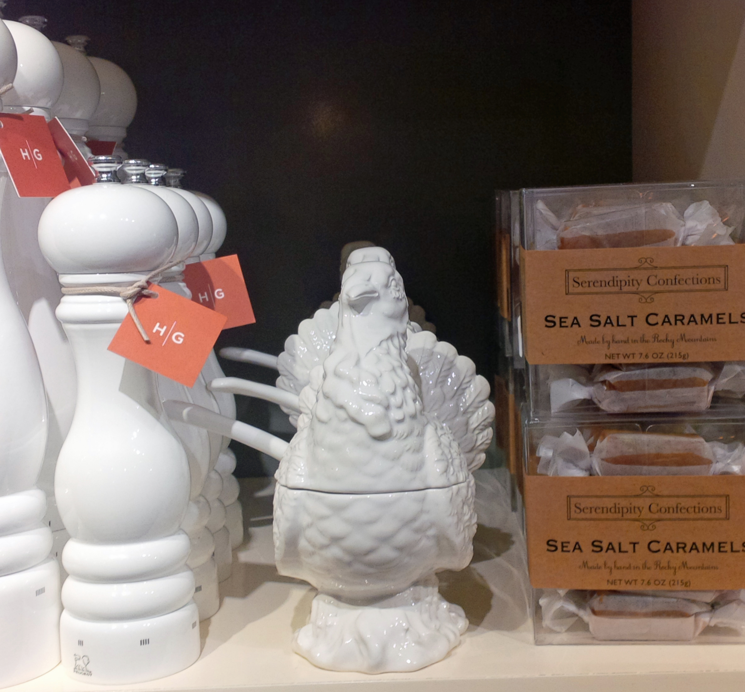 White turkey serving dish and sea salt caramels, a must for any Holiday entertainer.