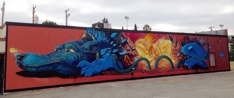 Mural on the side of nichi bei bussan by artist nosego, 2015.