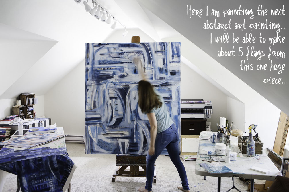 After I complete the large abstract painting, I remove it from the stretcher bars and rip it up into stripes and corner triangles. I then make a second painting with 2 solid colored stripes to compliment the abstract painting. When all of the pieces are ready, I have my professional sewer put it all together.