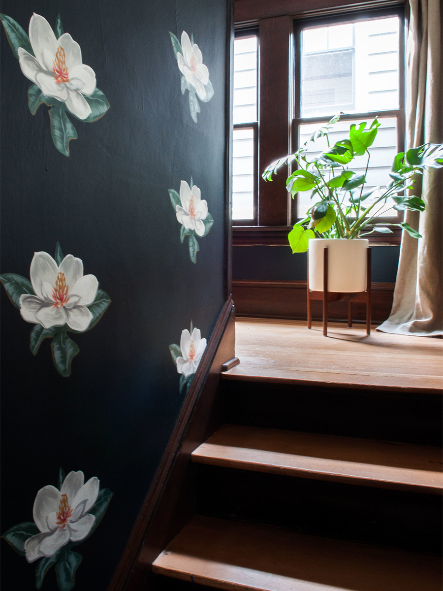 Custom Hand-painted Floral Entry with Built-In Bench | Casework Interior Design | Portland, OR