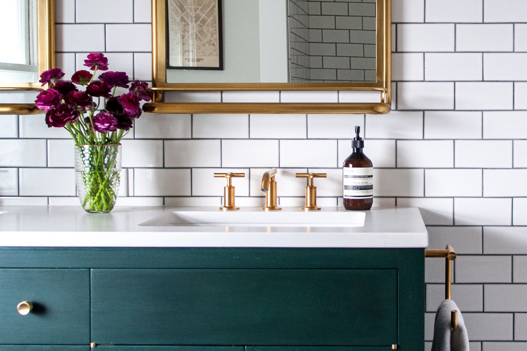 Master Bathroom with Brass Details & Green Vanity | Casework Interior Design | Portland, OR