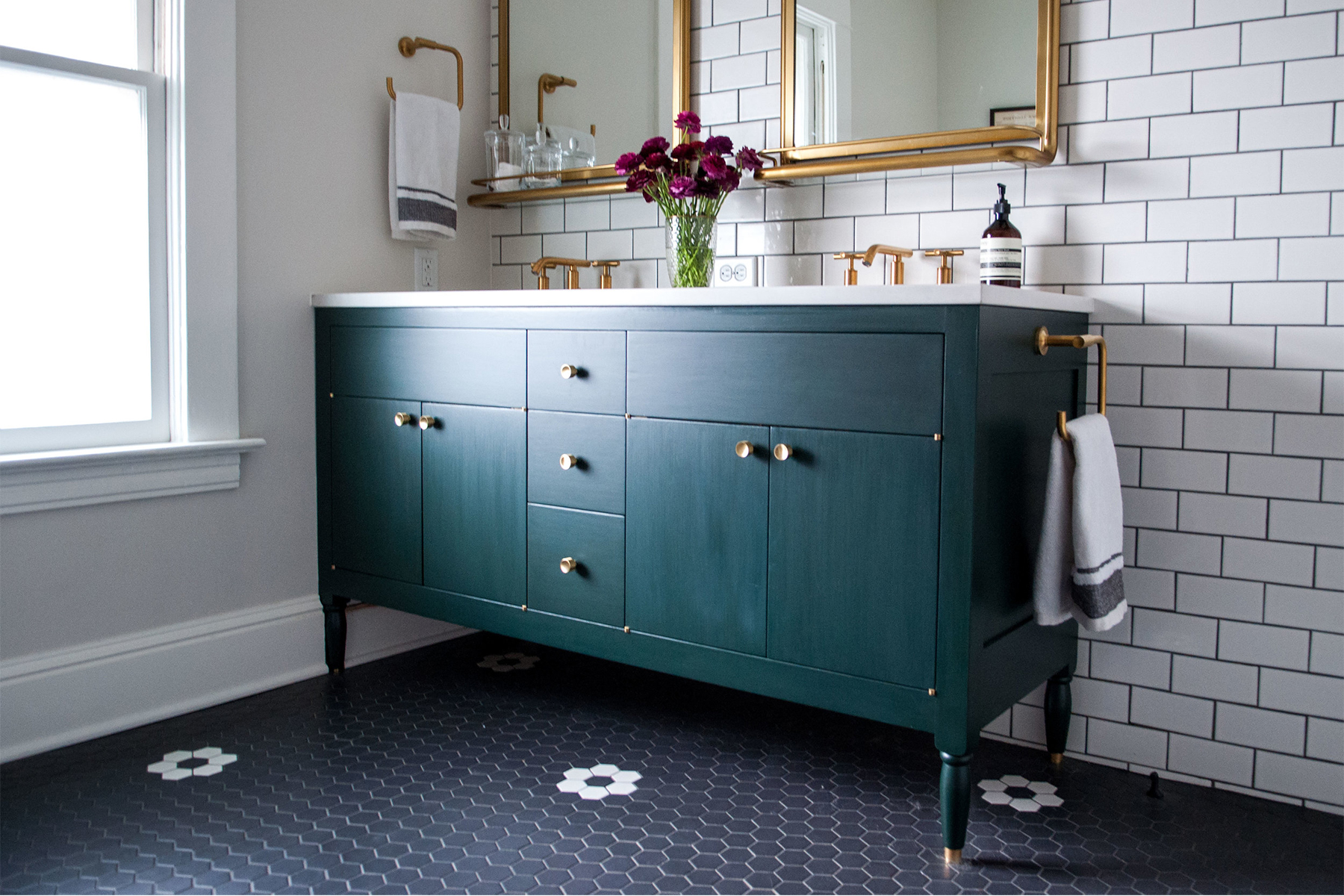 Master Bathroom with Brass Details & Green Vanity | Casework Interior Design | Portland, OR