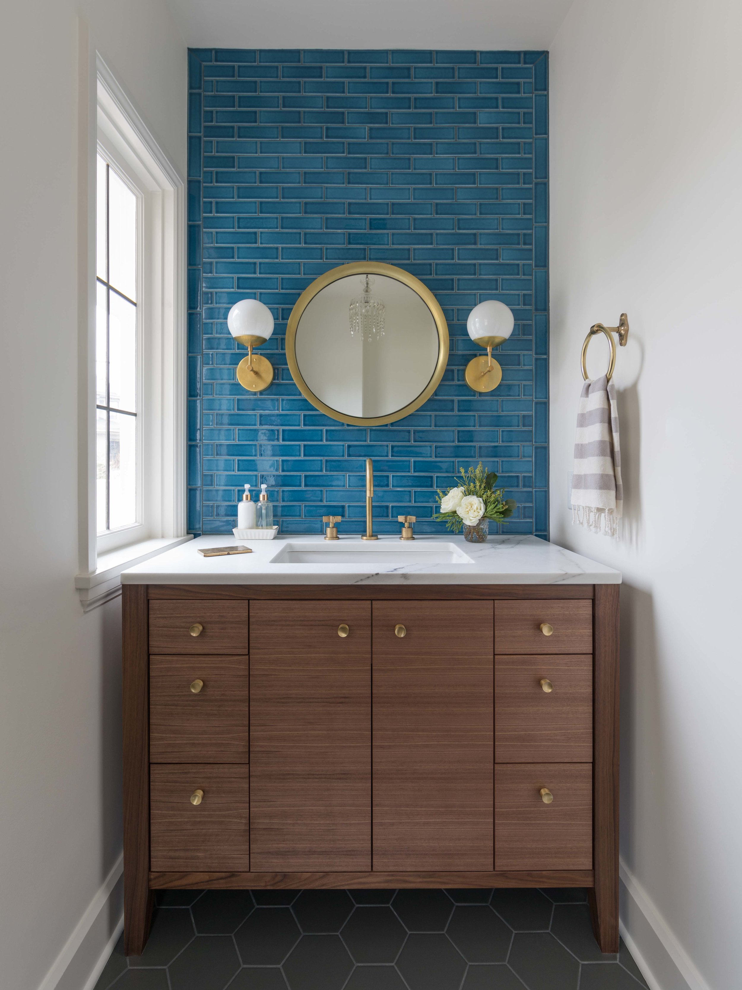 Small Bathroom with Blue Tile & Brass Details | Casework Interior Design | Portland, OR
