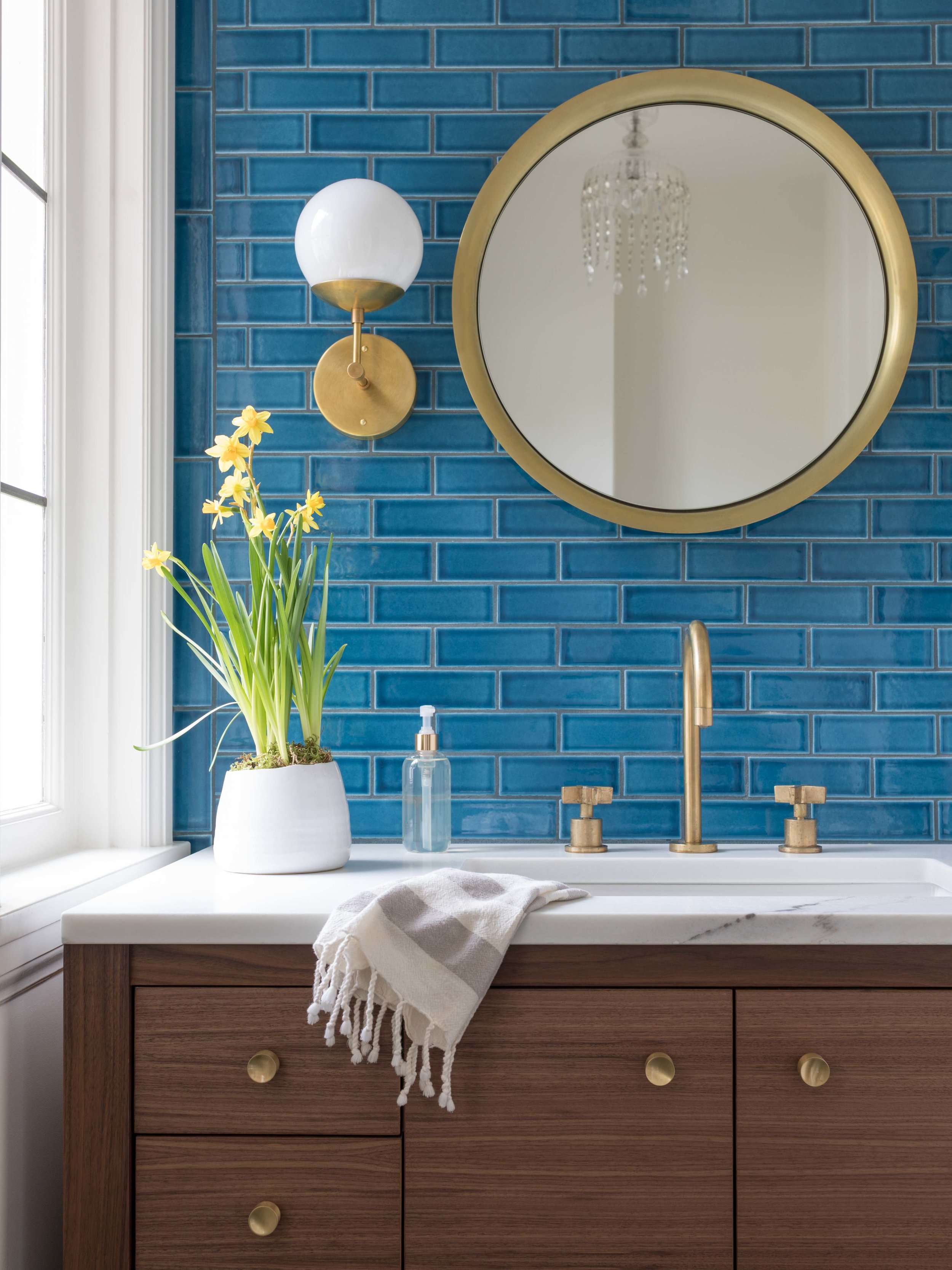 Small Bathroom with Blue Tile & Brass Details | Casework Interior Design | Portland, OR