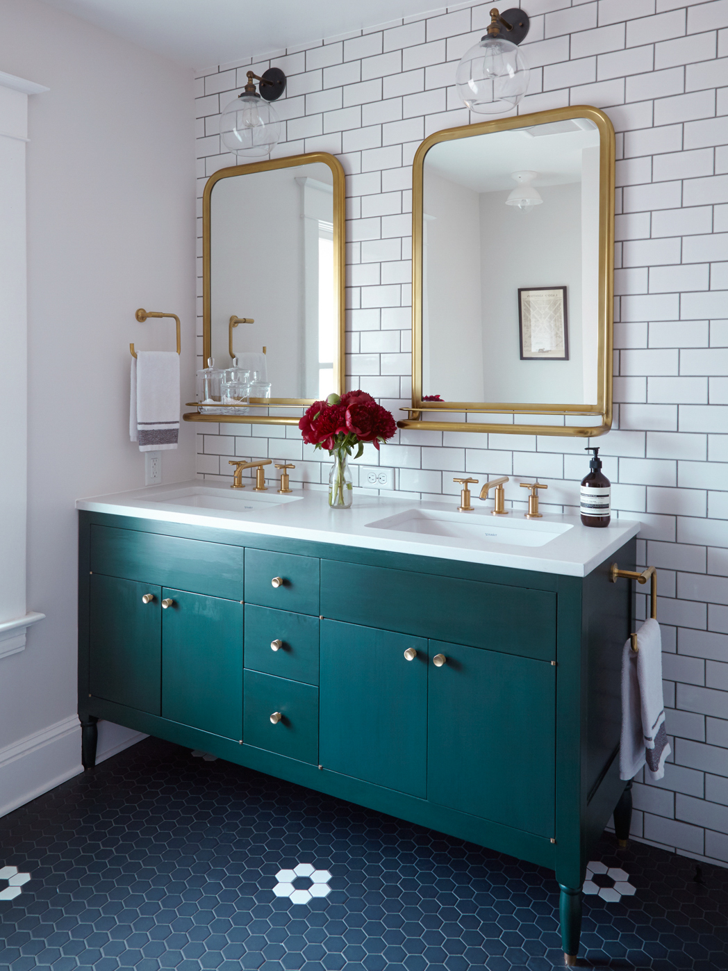 Master Bathroom with Brass Details & Green Vanity | Casework Interior Design | Portland, OR