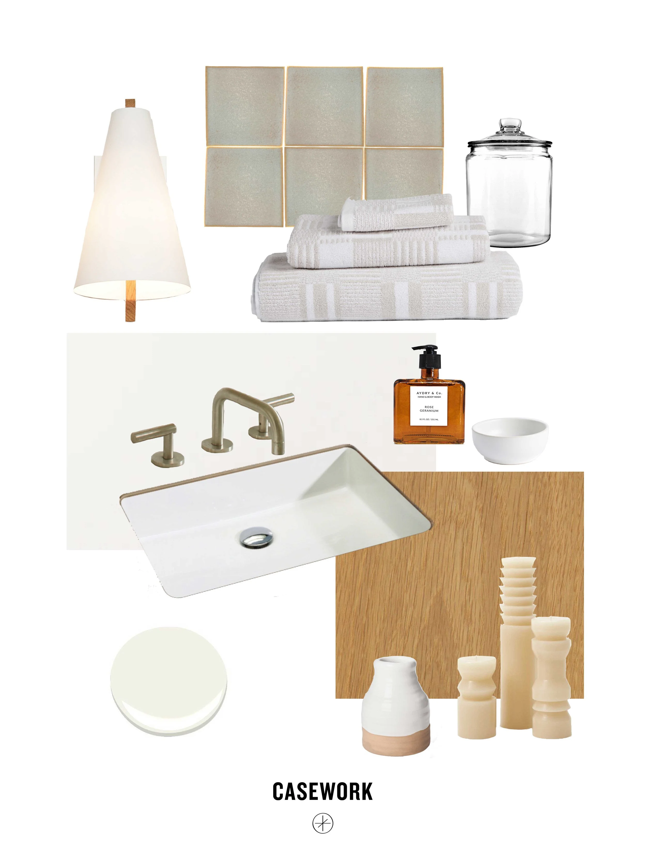 Sources: Tub/Shower Tile | Bathtub | Sink | Faucet | Counter | White Oak Vanity and Mirrors - custom | Sconces | Bath Mats/Towels | Candles | Vase | Bath Salts Container | 