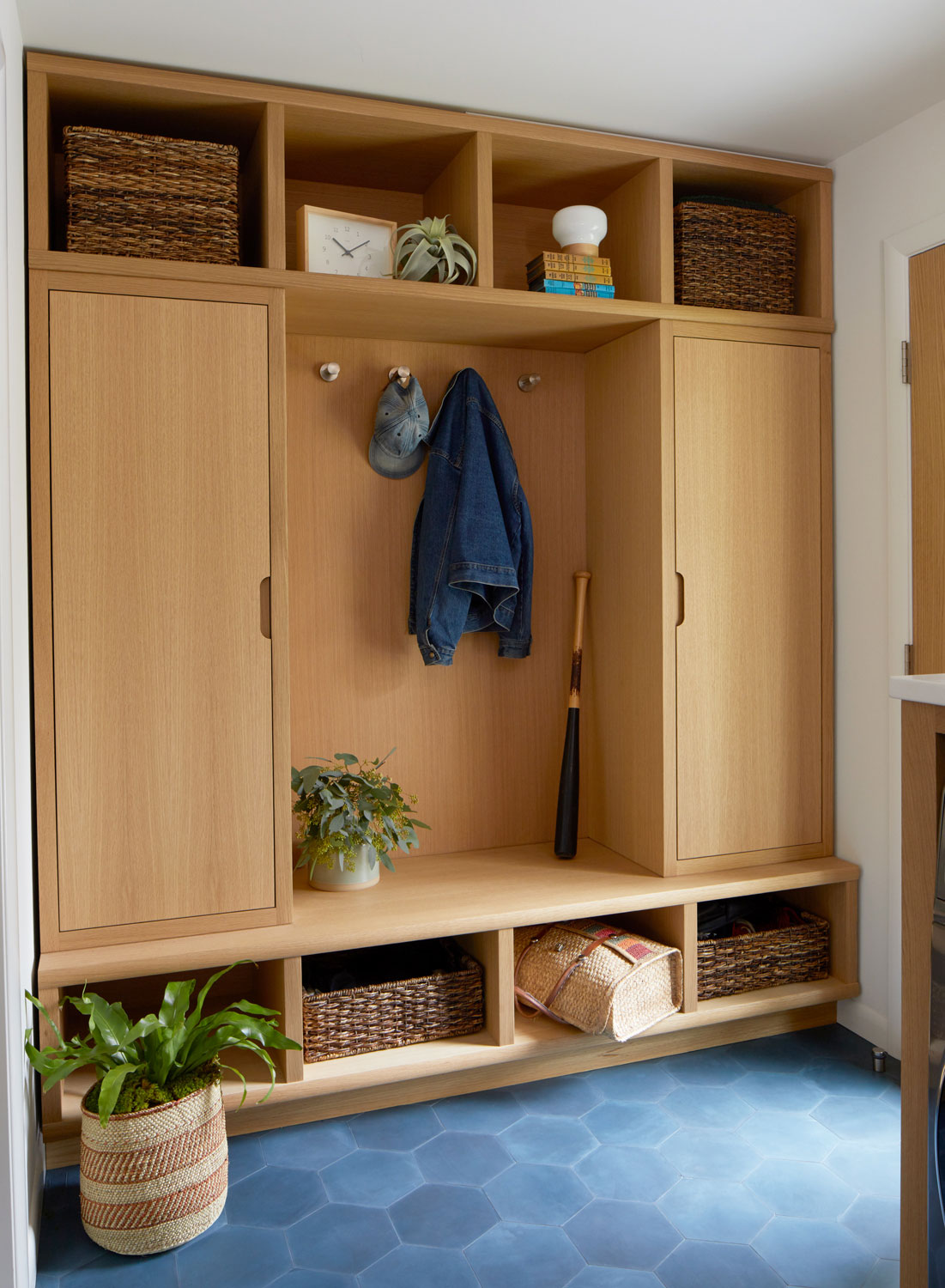 Custom Mudroom Oak Built-In Cabinets & Storage with Clé Cement Tile | Casework Interior Design | Portland, OR