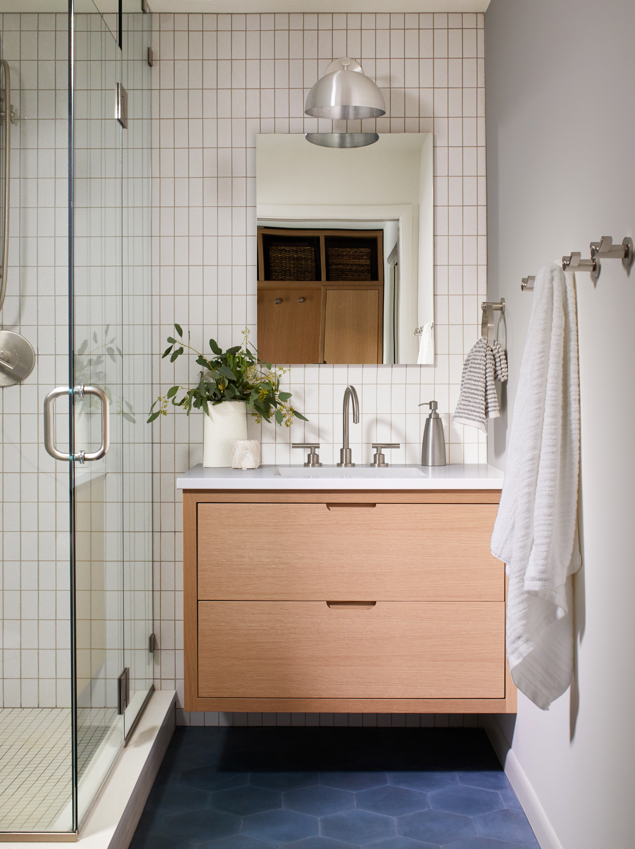 Half Bath with Custom Oak Vanity, Park Studio Sconce & Clé Cement Tile | Casework Interior Design | Portland, OR