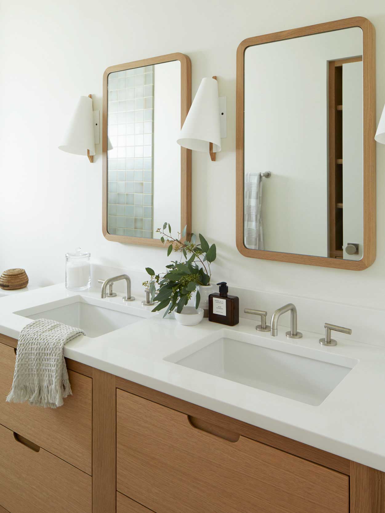 Minimal Master Bath with Custom Oak Mirrors & Brendan Ravenhill Sconces | Casework Interior Design | Portland, OR