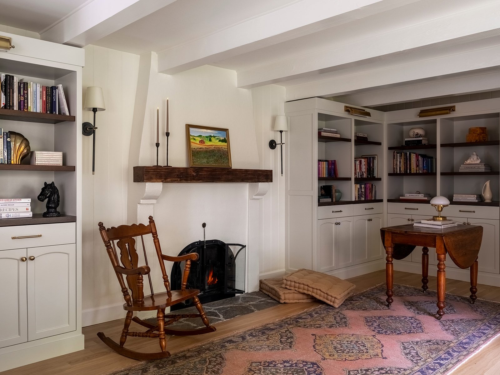 Lake Oswego historic home built-in shelving and fireplace