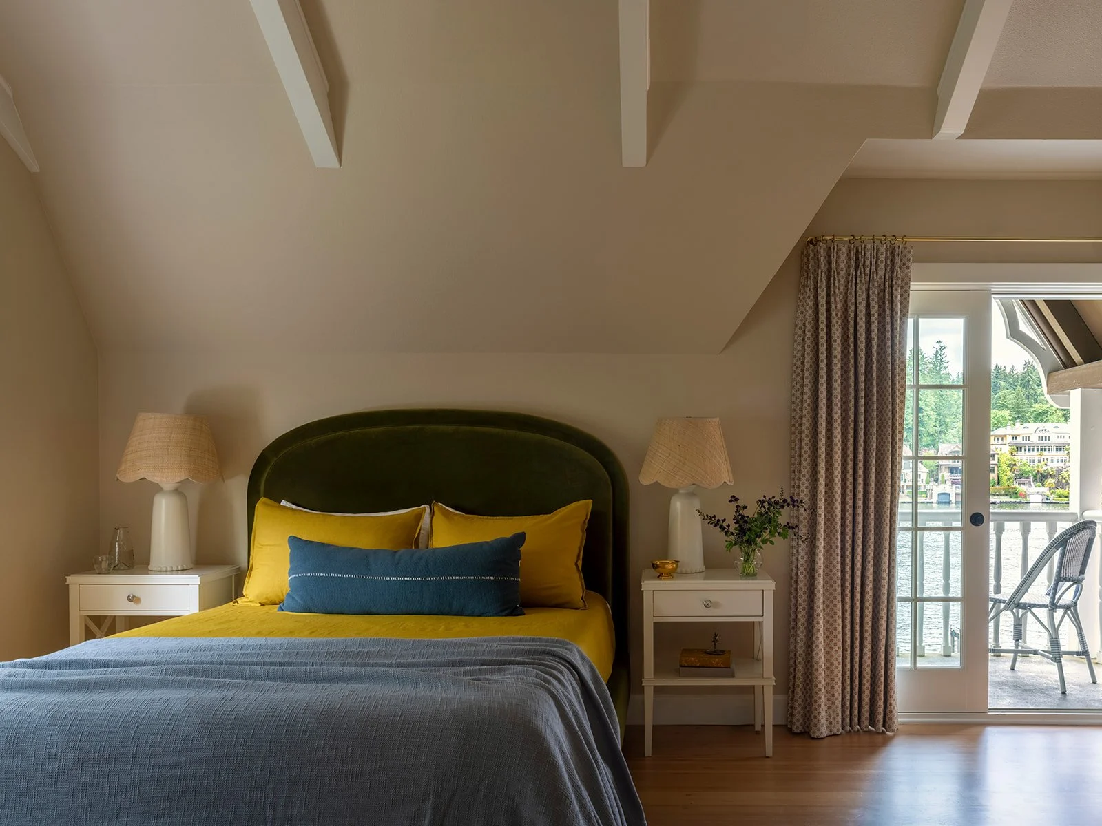 Historic home primary bedroom renovation with layered textiles and custom furnishings