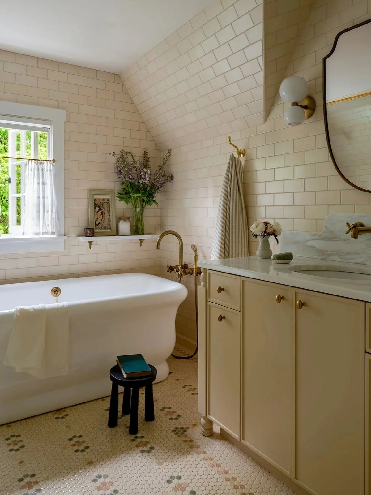 Historic Lake Oswego bathroom with custom tile floor