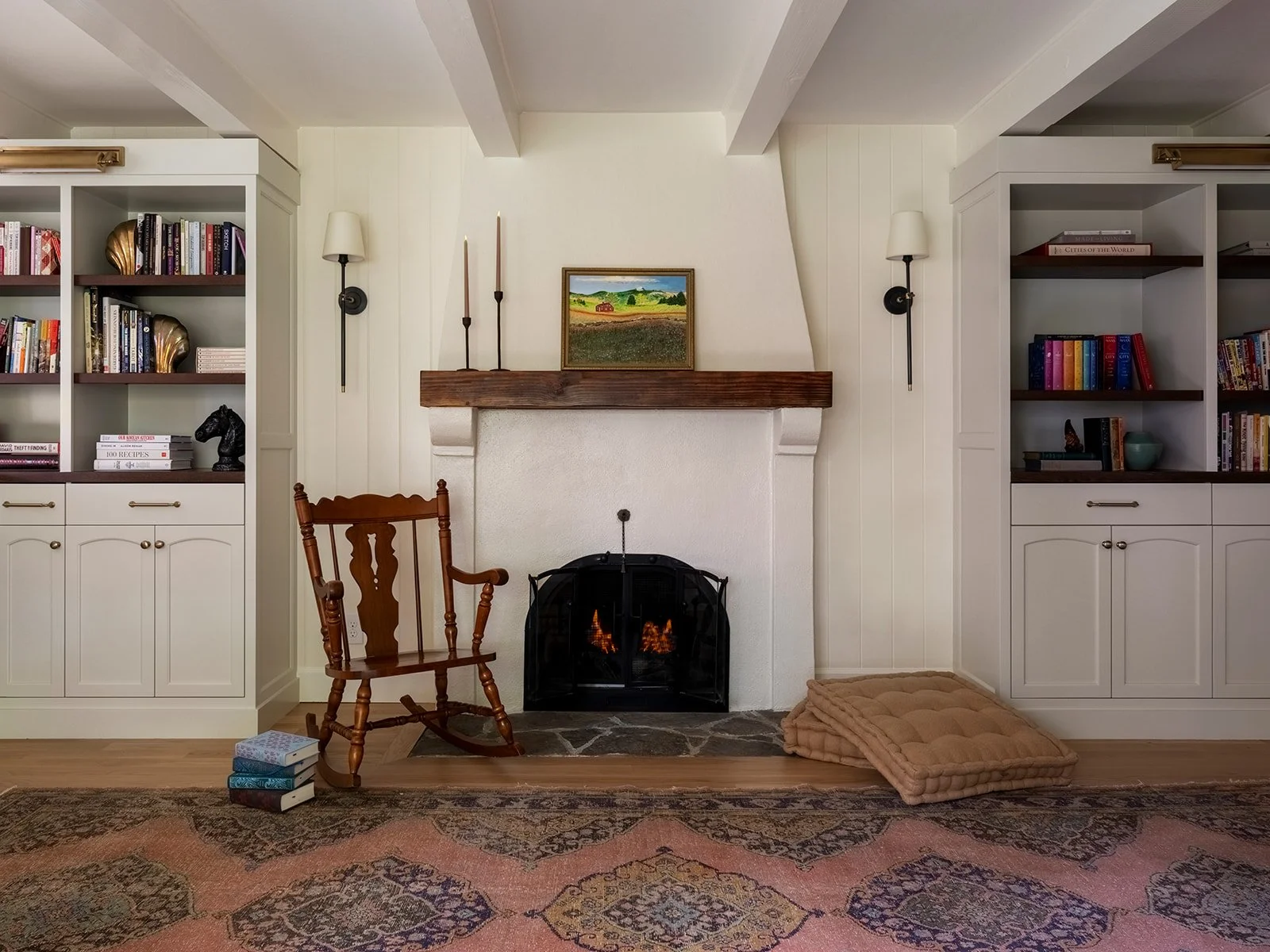 Historic Hofer House restored beams and custom shelving