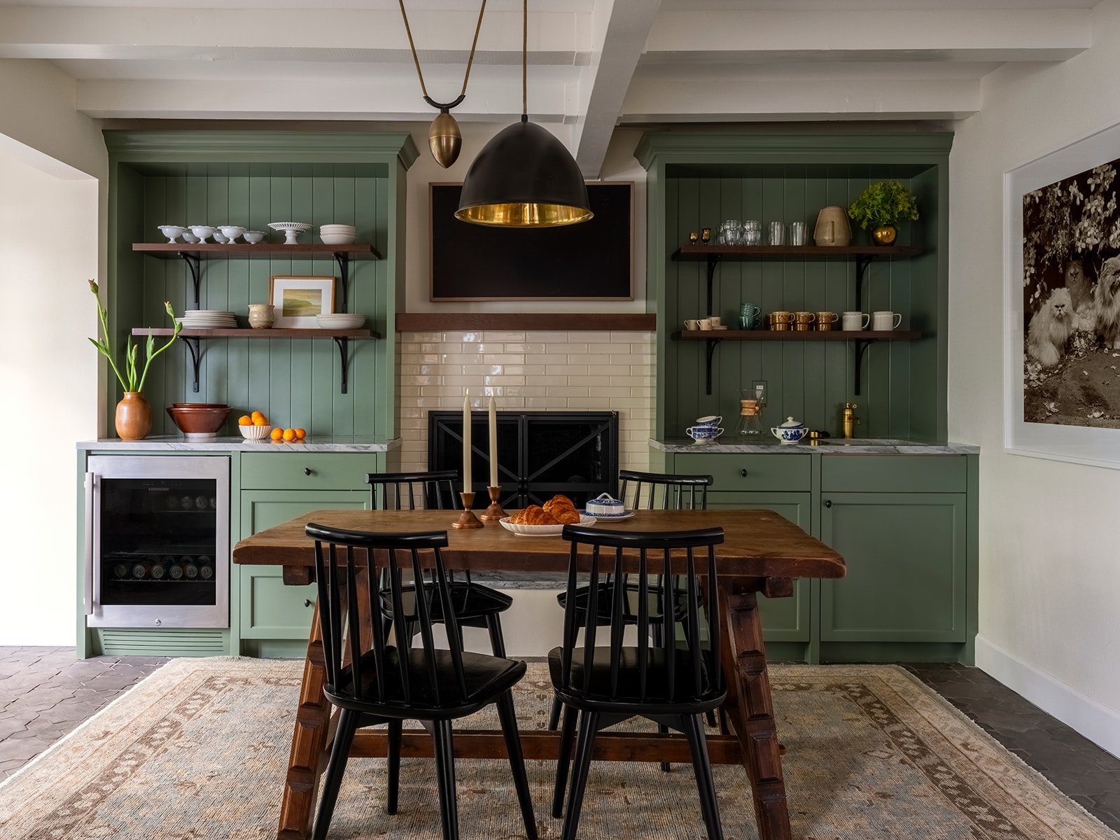 Custom kitchen and breakfast nook with fireplace renovation in Lake Oswego historic home