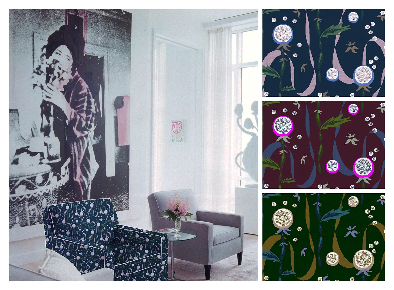 DANDY Shown in room, with details and colorways, drawn digitally