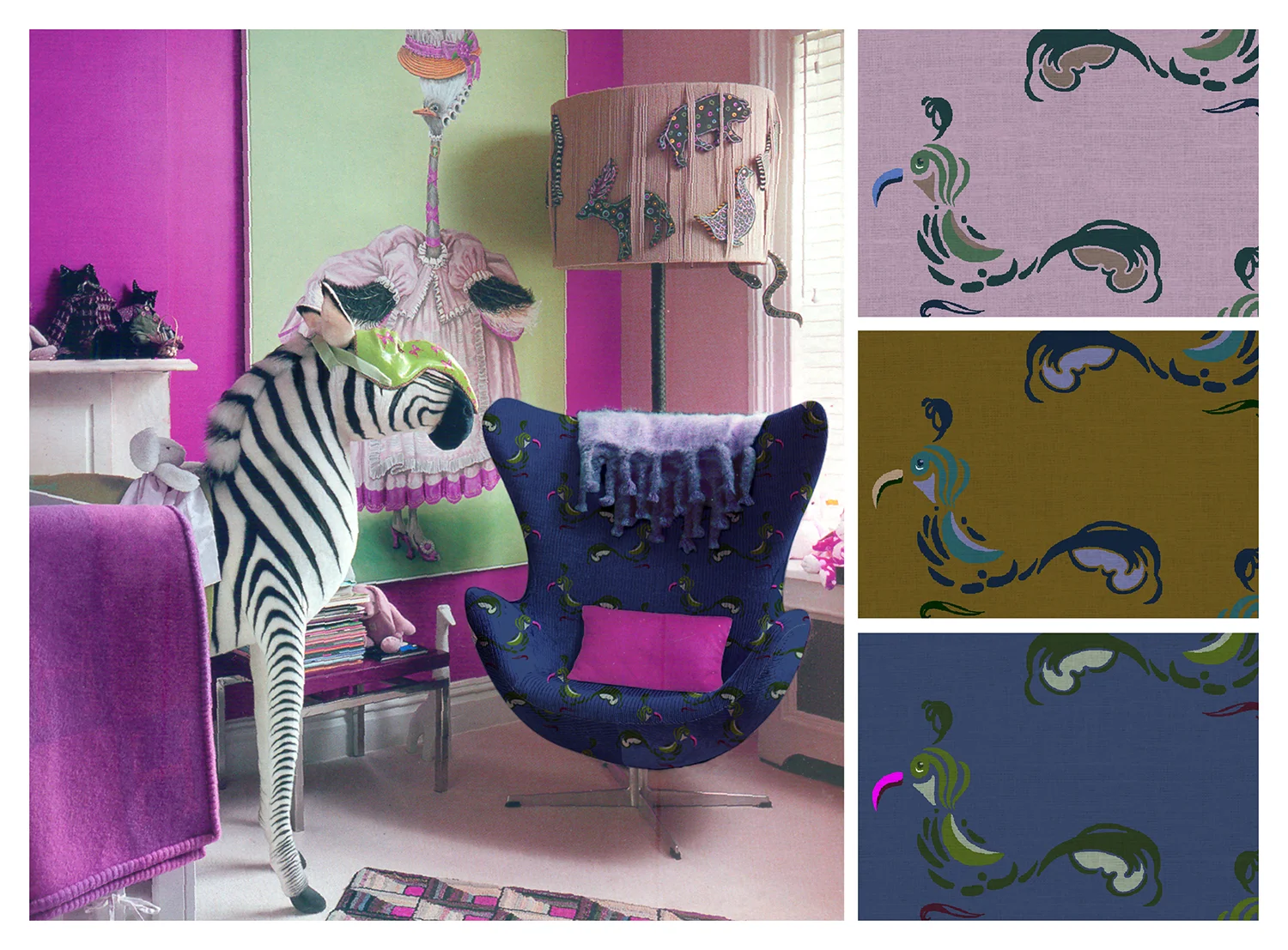 PLUMAGE Shown in room, with details and colorways, drawn digitally